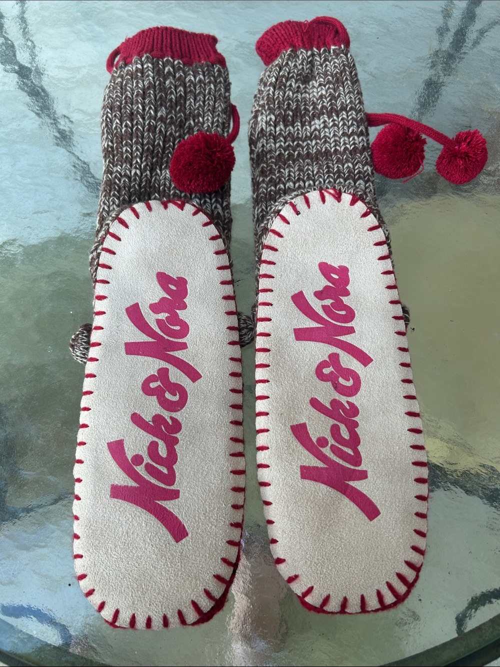 Women’s Red & Brown Knitted Animal Slippers with Pom-Poms - Picture 2 of 2